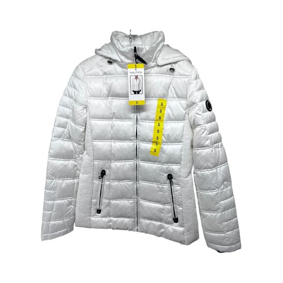 Nautica White Puffer Zip Up Jacket Small Removable Hood Pockets Stretch New - Picture 1 of 12